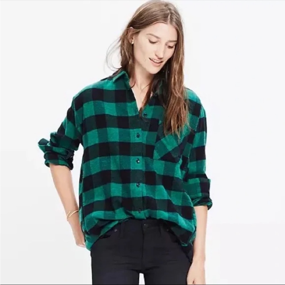 Madewell Green Black Buffalo Plaid Flannel Shirt XS Pockets Button Front